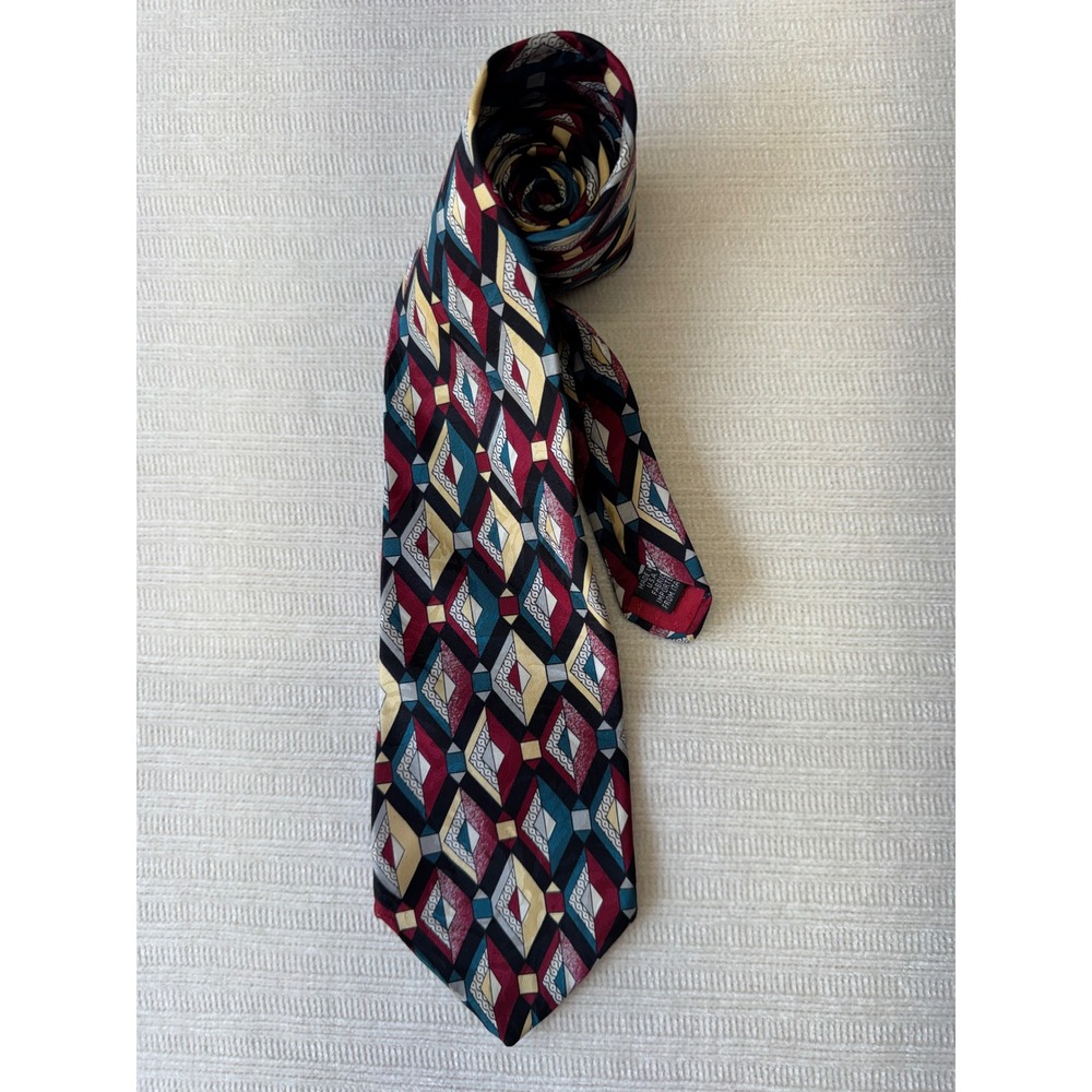 Zianetti Italian Silk Tie Geometric Diamond Pattern Burgundy Teal RN 49930